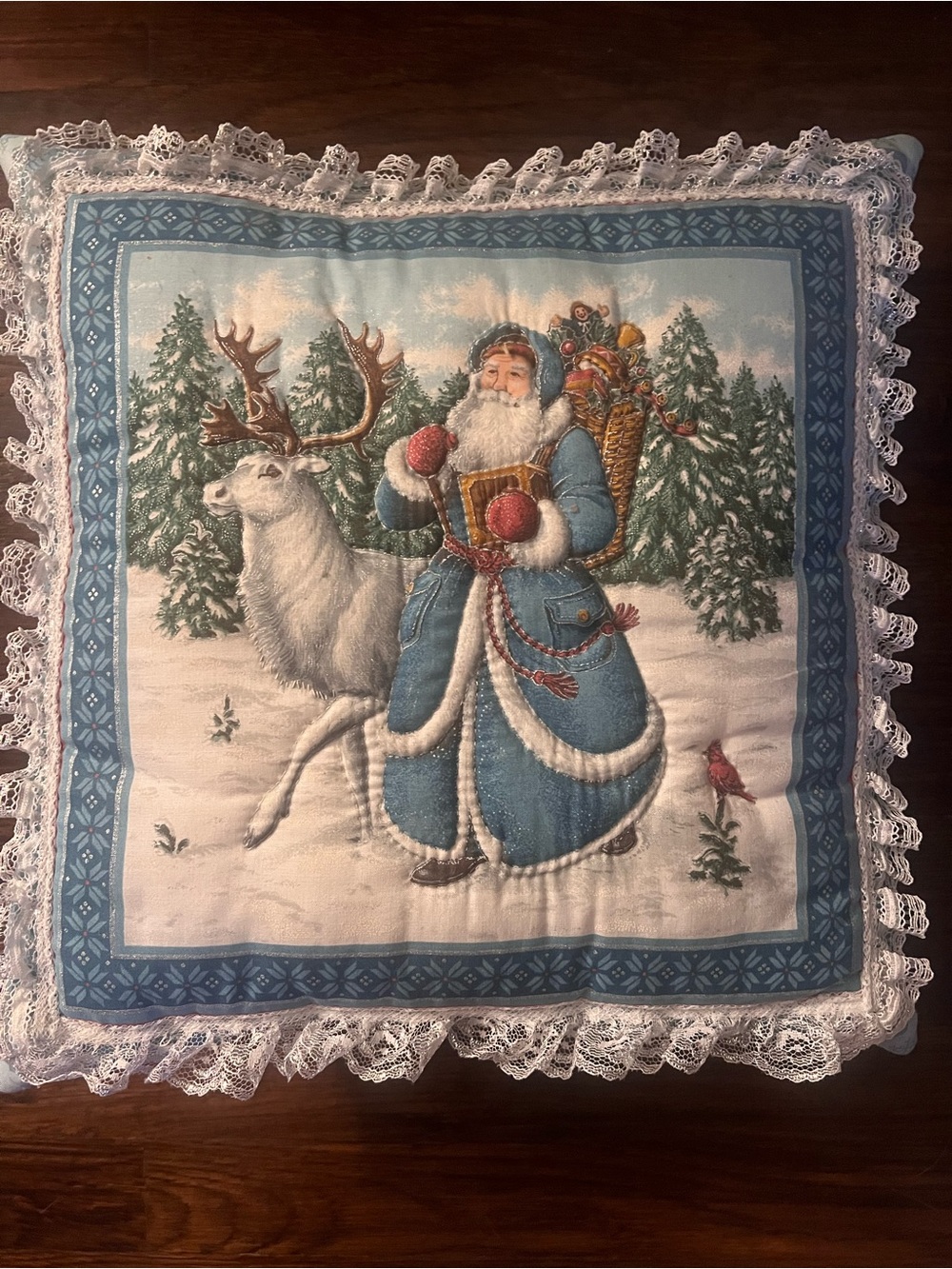 Vintage Blue Santa and Reindeer Lace-Edge Holiday Throw Pillow Christmas